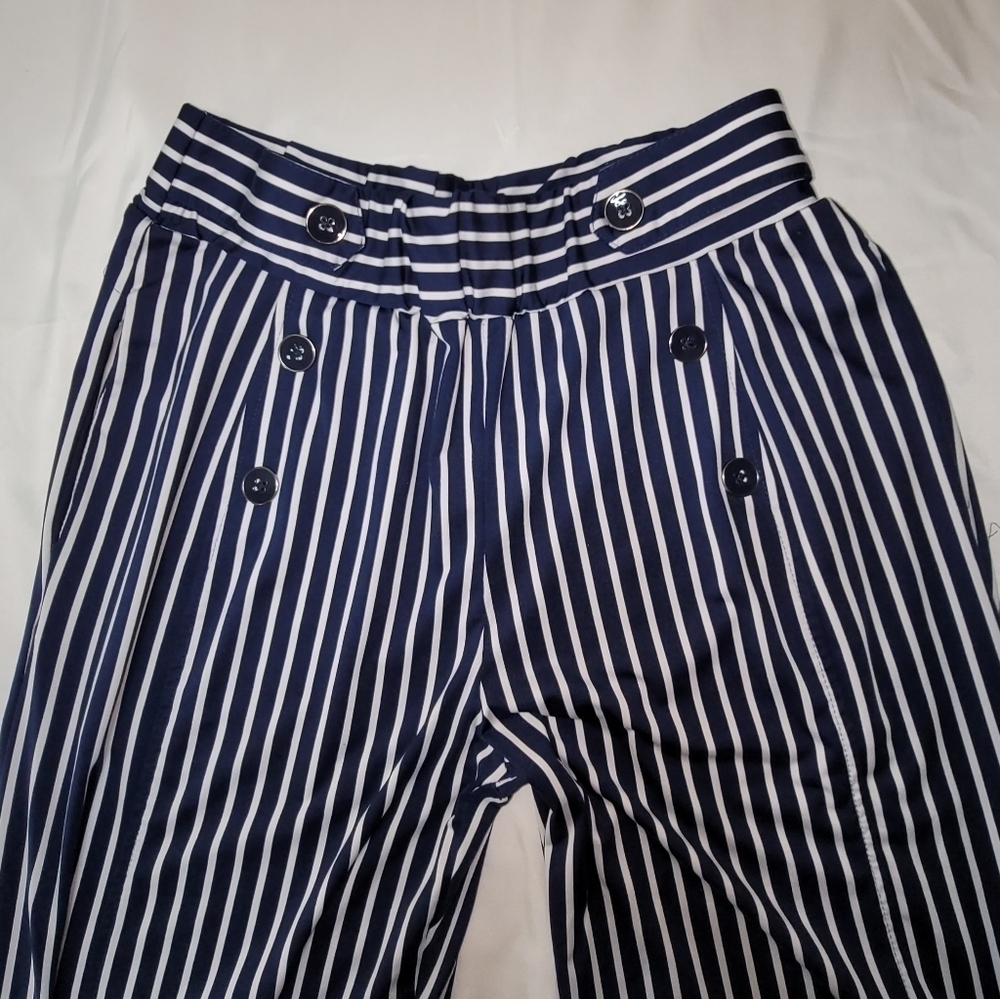Robert Louis Wide Leg Cropped Navy Blue & White Striped Pants Womens Size Small - Picture 3 of 12